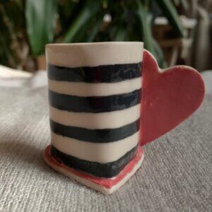CREATION - Handmade Ceramic Coffee Expresso Cup - Heart base with B&W stripes